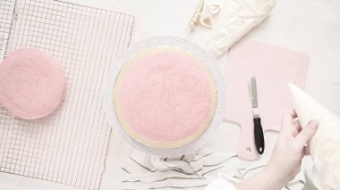 Düz yatıyordu. Yapmak için montaj pembe ve mor pasta katının tek boynuzlu at kek küçük kızın Doğum günü partisi için.