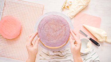 Düz yatıyordu. Yapmak için montaj pembe ve mor pasta katının tek boynuzlu at kek küçük kızın Doğum günü partisi için.