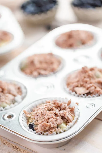 Blueberry Muffin Batter Muffin Metal Pan — Stock Photo, Image