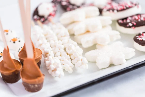 Close Verscheidenheid Van Marshmallow Toppings Met Pepermunt Chocolade Voor Warme — Stockfoto