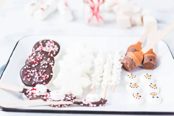 Nahsicht Verschiedene Marshmallow Toppings Mit Pfefferminze Und Schokolade Für Heiße — Stockfoto