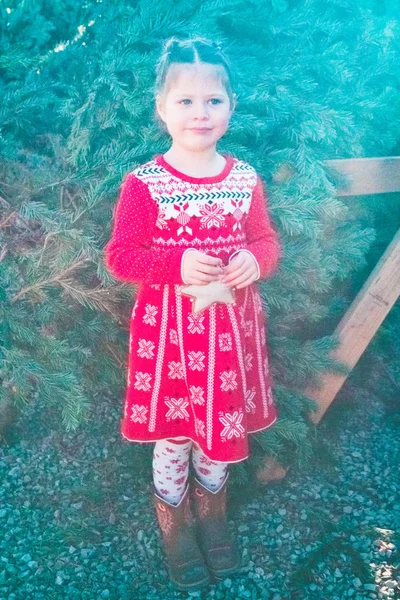 Menina Vestido Vermelho Fazenda Árvore Natal — Fotografia de Stock