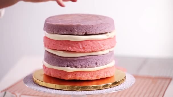 Bäcker Montiert Rosa Und Lila Kuchenschicht Einhornkuchen Für Die Geburtstagsparty — Stockvideo