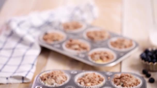 Scooping Cannella Zucchero Topping Pastella Muffin Mirtillo — Video Stock