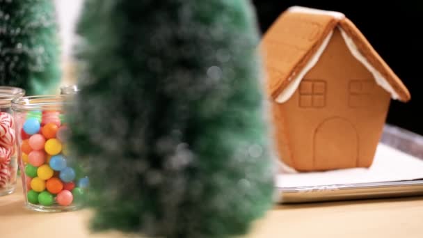 Festa Crianças Para Decorar Pequenas Casas Gengibre Com Doces — Vídeo de Stock