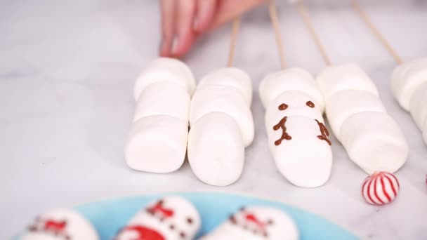 Step Step Making Marshmallow Snowman Reindeer Sticks Hot Chocolate Toppers — Stock Video