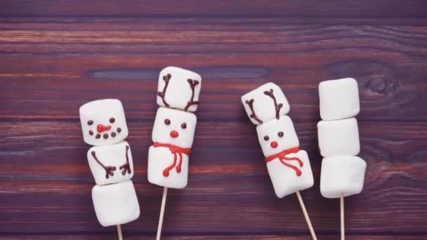 Flat Lay Marshmallow Snowmen Reindeer Sticks Hot Chocolate Drink — Stock Video