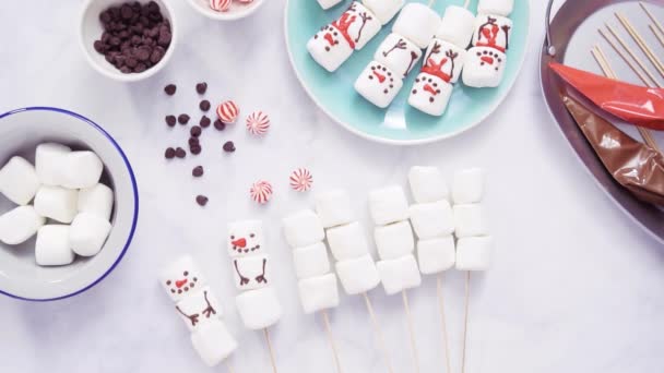 Step Step Flat Lay Making Marshmallow Snowman Reindeer Sticks Hot — Stock Video