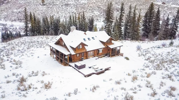 Aerial View Mountain House Covered Snow Winter — Stock Photo, Image
