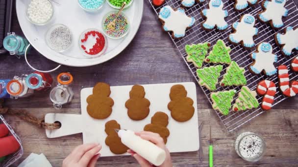 Schritt Für Schritt Flach Lag Lebkuchen Mit Königlichem Zuckerguss Verzieren — Stockvideo