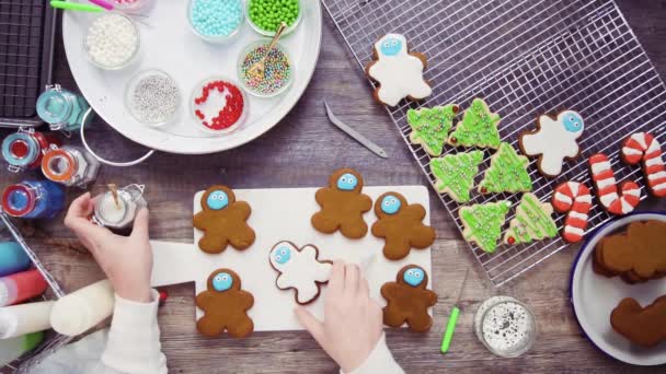 Adım Adım Düz Yatıyordu Kraliyet Buzlanma Ile Gingerbread Çerezleri Dekorasyon — Stok video