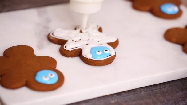 Schritt Für Schritt Flach Lag Lebkuchen Mit Königlichem Zuckerguss Verzieren — Stockvideo