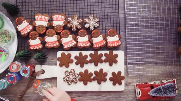 Stap Voor Stap Gingerbread Koekjes Met Royal Icing Versieren — Stockvideo