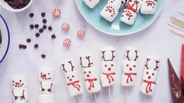 Close View Marshmallow Snowmen Reindeer Sticks Hot Chocate Drink — Stock Video
