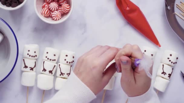 Close View Marshmallow Snowmen Reindeer Sticks Hot Chocate Drink — Stock Video