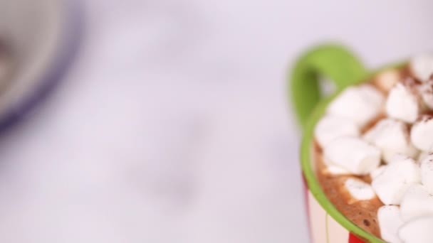 Amerikaanse Warme Chocolademelk Met Marshmallows Toppings Grote Kerst Mok — Stockvideo