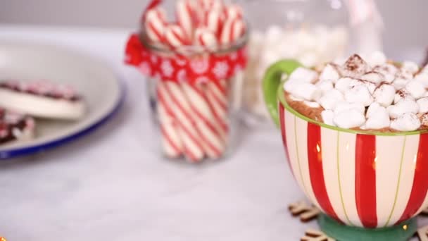 Chocolate Caliente Americano Con Aderezos Malvavisco Una Taza Navidad Grande — Vídeo de stock