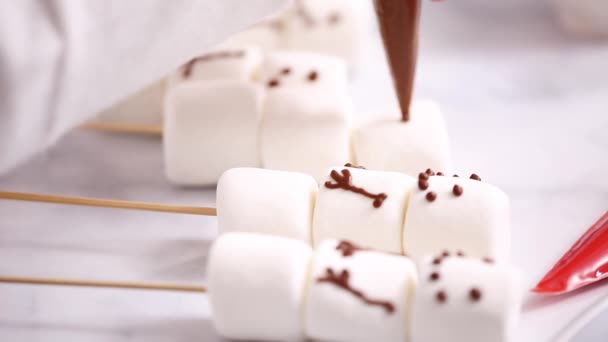 Close Marshmallow Sneeuwmannen Rendieren Stokken Voor Warme Chocolade Drinken — Stockvideo