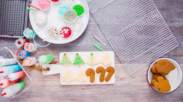 Platt Låg Steg För Steg Dekorera Pepparkakor Och Socker Cookies — Stockfoto