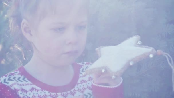 スローモーション クリスマス ツリーの農場で赤いドレスの女の子 — ストック動画