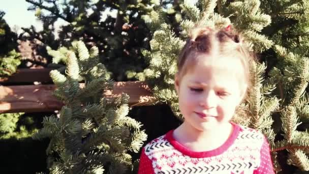 Cámara Lenta Niña Vestida Rojo Granja Árboles Navidad — Vídeos de Stock