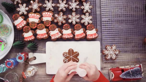 Schritt Für Schritt Flach Lag Lebkuchen Mit Königlichem Zuckerguss Verzieren — Stockvideo