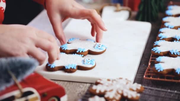 Step Step Decorating Gingerbread Cookies Royal Icing — Stock Video