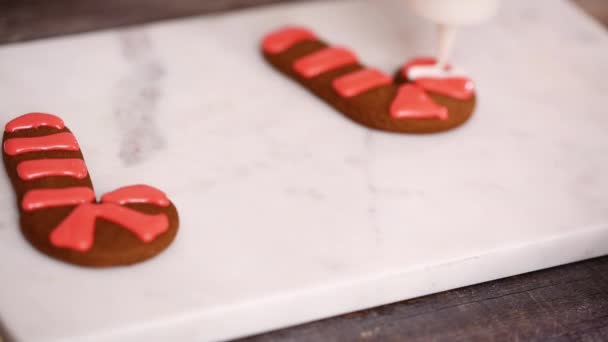 Step Step Flat Lay Decorating Gingerbread Cookies Royal Icing — Stock Video