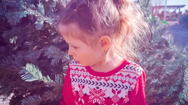 Κοριτσάκι Κόκκινο Φόρεμα Στο Αγρόκτημα Χριστουγεννιάτικο Δέντρο — Φωτογραφία Αρχείου