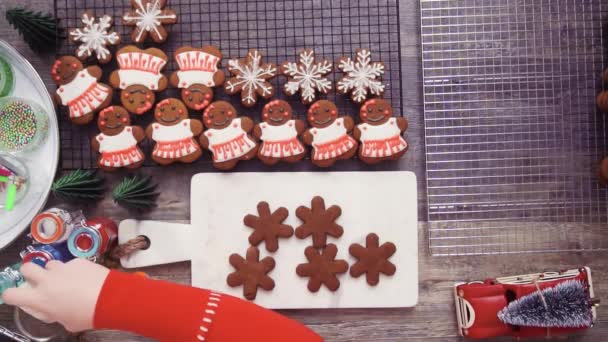 Stap Voor Stap Flat Lag Gingerbread Koekjes Met Royal Icing — Stockvideo