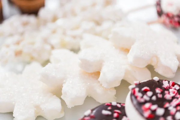 Close Verscheidenheid Van Marshmallow Toppings Met Pepermunt Chocolade Voor Warme — Stockfoto