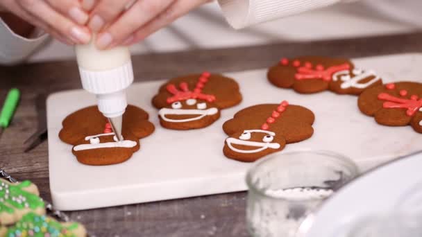 一歩ずつ クリスマスのためのロイヤルアイシングでジンジャーブレッドとシュガークッキーを飾る — ストック動画