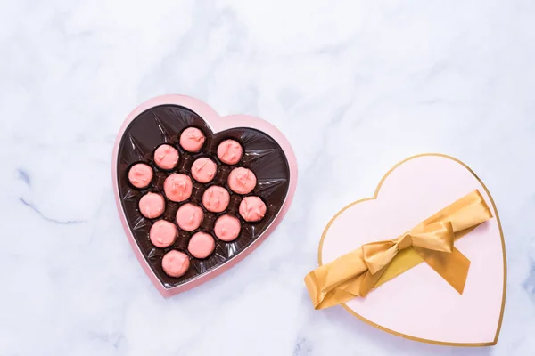 Flat Lay Heart Chape Box Pink Chocolates — Stock Photo, Image