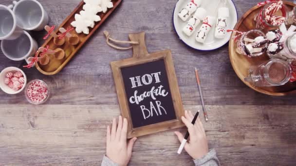 Step Step Flat Lay Writing Chalk Board Sign Hot Chocolate — Stock Video