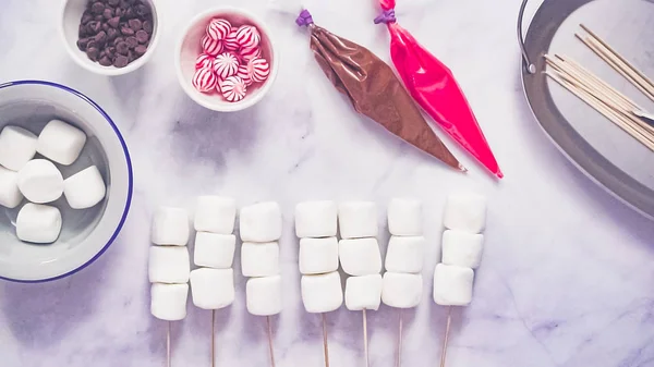 Step Step Flat Lay Making Marshmallow Snowman Reindeer Sticks Hot — Stock Photo, Image