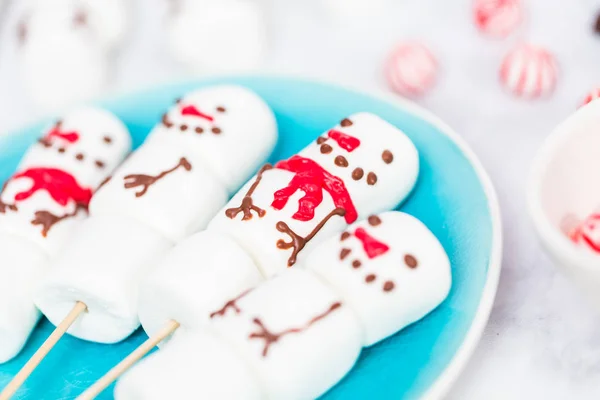 Close View Marshmallow Snowmen Sticks Hot Chocate Drink — Stock Photo, Image