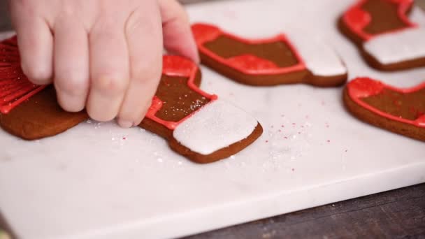 Step Step Decorating Gingerbread Sugar Cookies Royal Icing Christmas — Stock Video