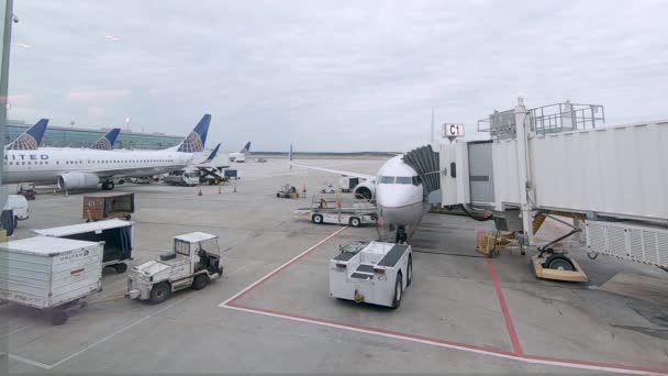 ヒューストン テキサス州 アメリカ合衆国 2019 ヒューストン国際空港のターミナルに駐機している旅客航空機 — ストック動画