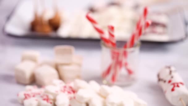 Close View Variety Marshmallow Toppings Peppermint Hot Chocolate Cocoa Drinks — Stock Video