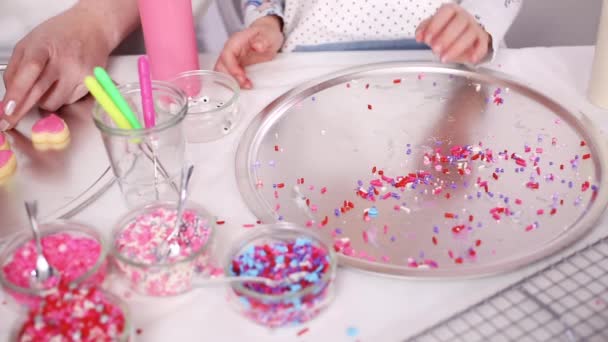 Step Step Decorating Sugar Cookies Royal Icing Sprinkles Valentine Day — Stock Video