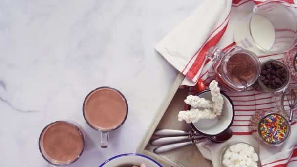 Berbaringlah Mencampur Campuran Coklat Panas Dalam Gelas Dengan Whisk Kecil — Stok Video