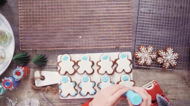 Step Step Flat Lay Decorating Gingerbread Cookies Royal Icing — Stock Video