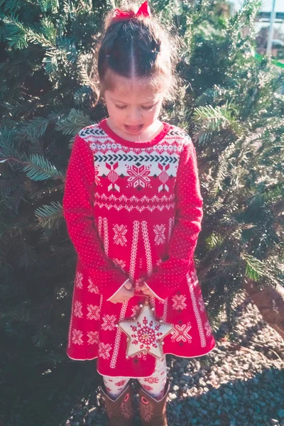 Menina Vestido Vermelho Fazenda Árvore Natal — Fotografia de Stock