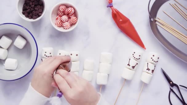 Step Step Flat Lay Making Marshmallow Snowman Reindeer Sticks Hot — Stock Video