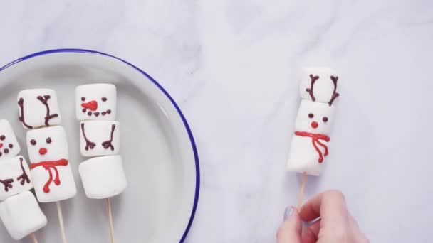 Flat Lay Marshmallow Snowmen Reindeer Sticks Hot Chocolate Drink — Stock Video