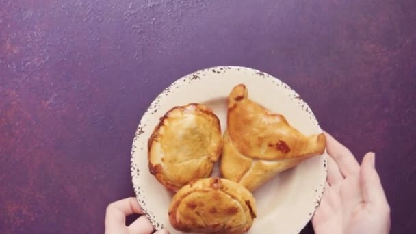 Flat Lay Homemade Large Empanadas Different Staffings — Stock Video