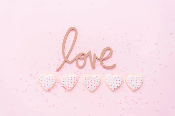 Flat Lay Heart Shaped Sugar Cookies Decorated Royal Icing Valentine — Stock Photo, Image