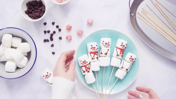 Flat Lay Making Marshmallow Snowmen Reindeer Sticks Hot Chocolate Cocoa — Stock Video