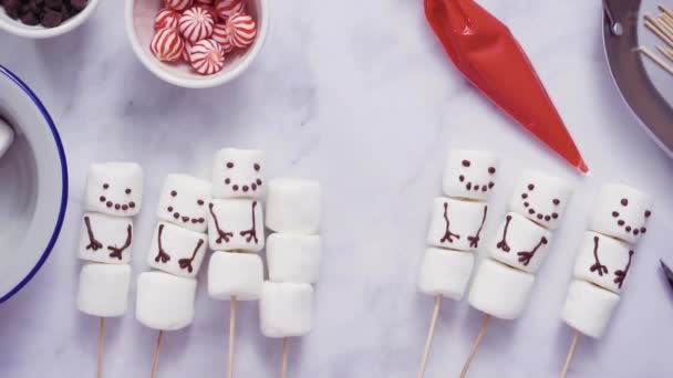 Step Step Flat Lay Making Marshmallow Snowman Reindeer Sticks Hot — Stock Video