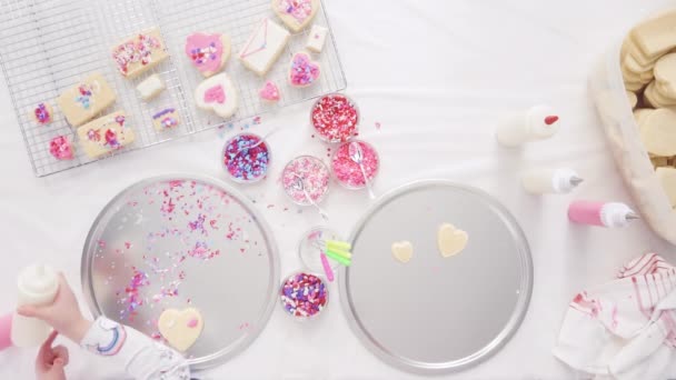 Flat Lay Step Step Little Girl Decorating Decorating Sugar Cookies — Stock Video